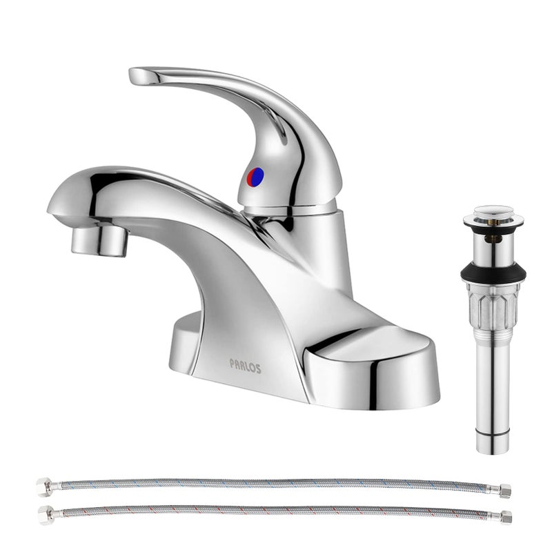 PARLOS Single Handle Mid Arc Centerset Bathroom Sink Faucet with Metal Drain Assembly and cUPC Faucet Supply Lines, Lead-Free, Chrome 13433 - Image 1